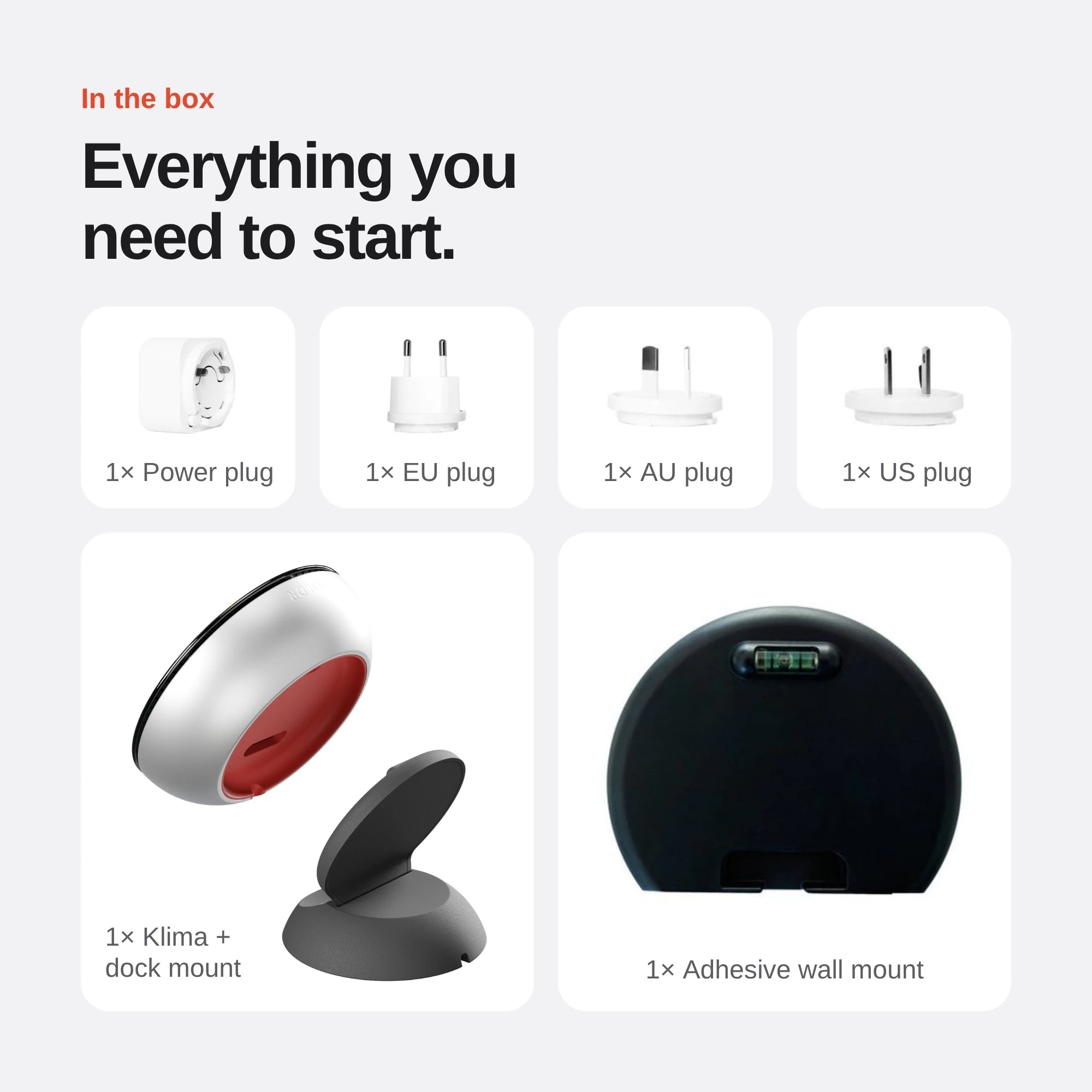 Everything needed to start with Klima, including the controller, dock and wall mounting accessories