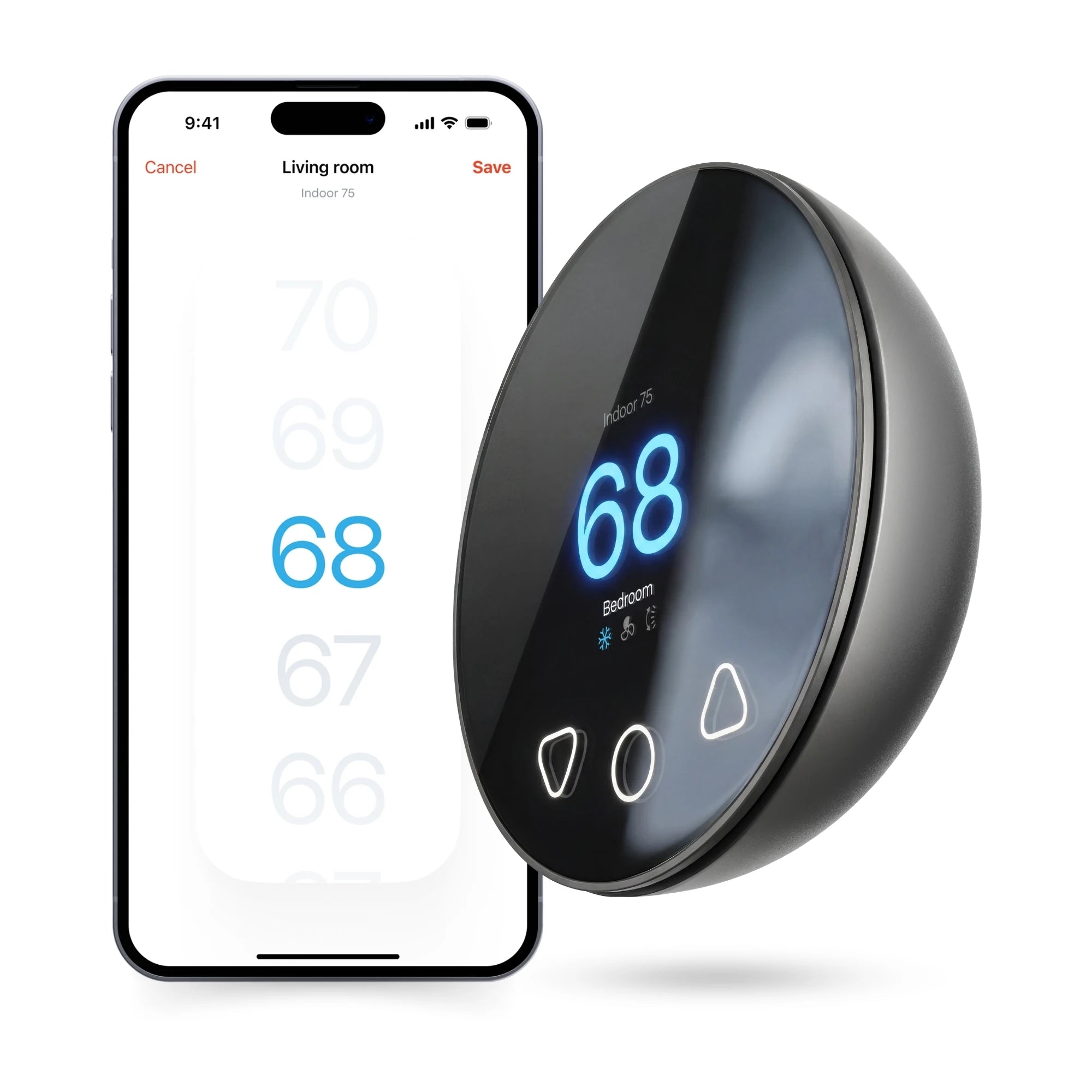 Klima smart AC controller in graphite grey next to the Boldr app on a phone showing 68°