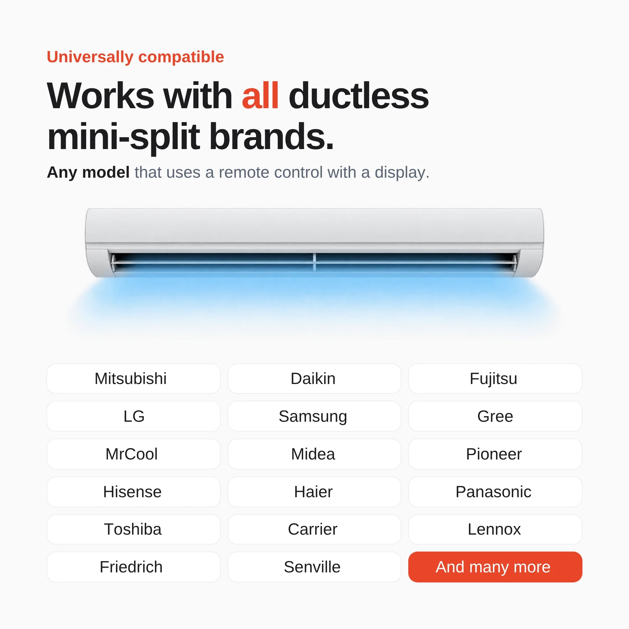 Klima works with all ductless mini-split brands that use a remote with a display, including Mitsubishi, Daikin, Fujitsu, LG and Samsung