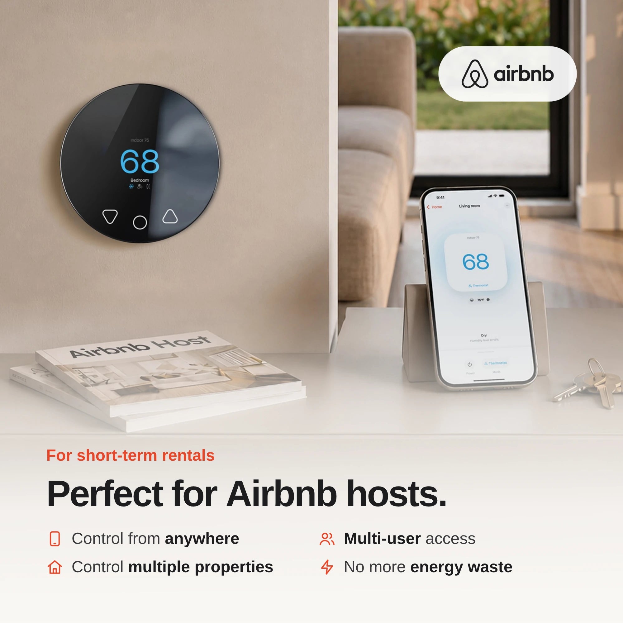 Klima smart thermostat on a wall with the phone app, made for Airbnb hosts managing multiple properties