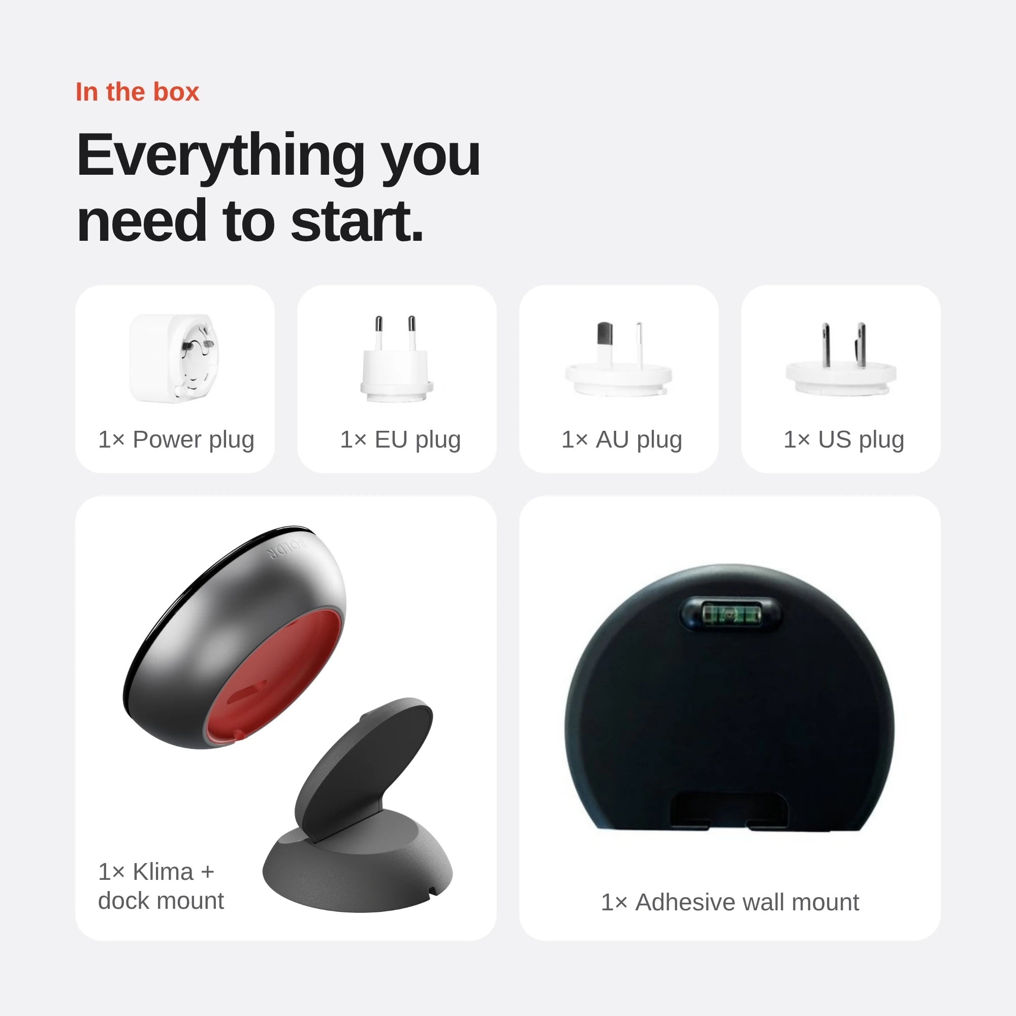 Everything needed to start with Klima, including the controller, dock and wall mounting accessories