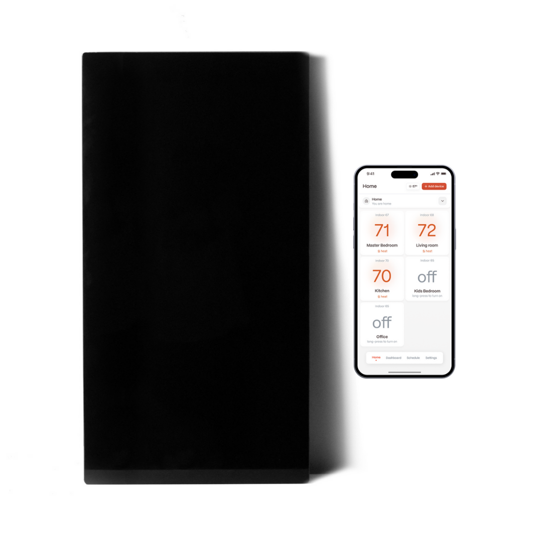 Kelvin smart infrared heater in black next to the Boldr app on a phone
