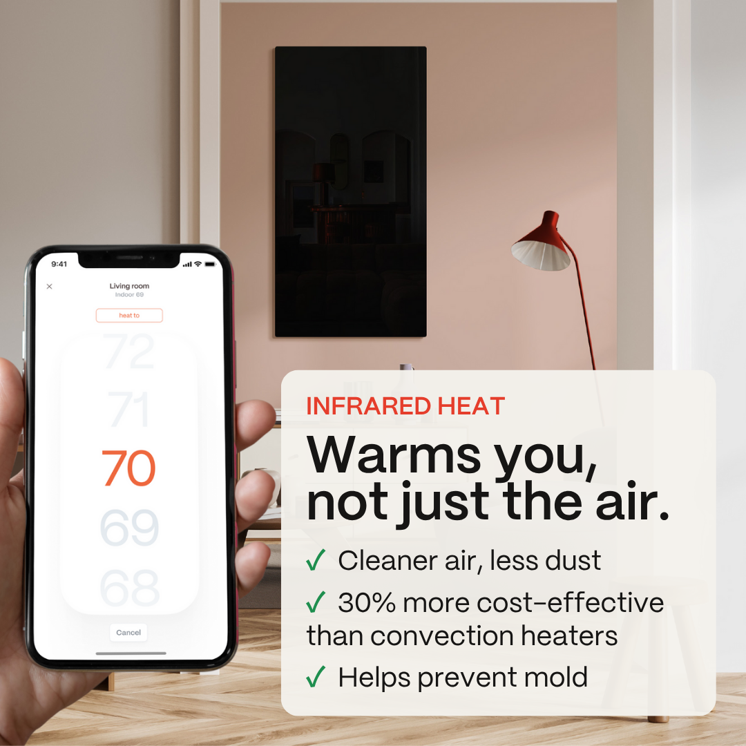 Black Kelvin infrared heater on a living room wall, with the Boldr app set to 70°