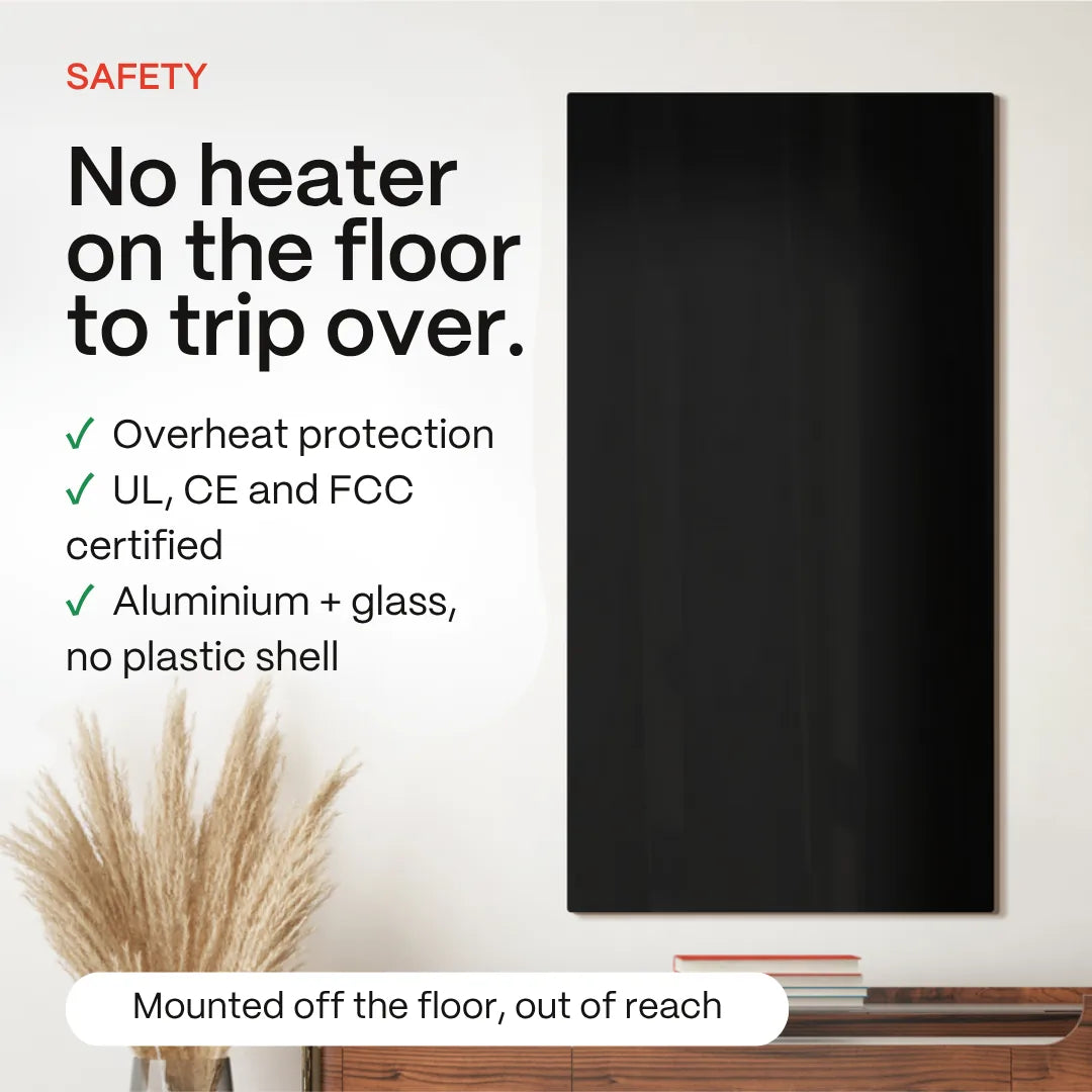 Black Kelvin heater mounted off the floor: overheat protection, UL, CE and FCC certified, aluminium and glass with no plastic shell