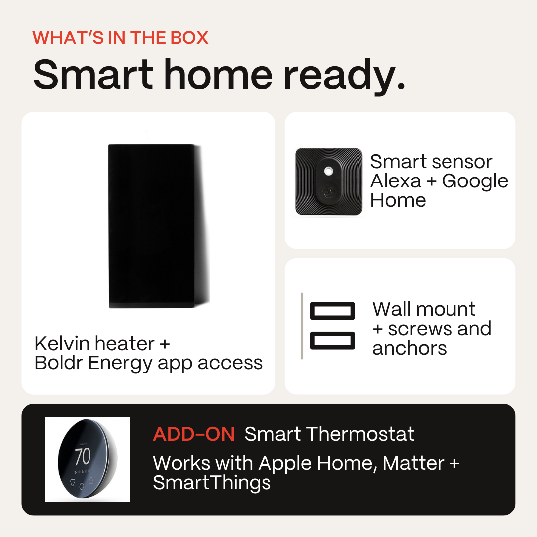 What's in the box: black Kelvin heater with Boldr Energy app access, smart sensor, wall mount with screws and anchors, plus optional Smart Thermostat add-on