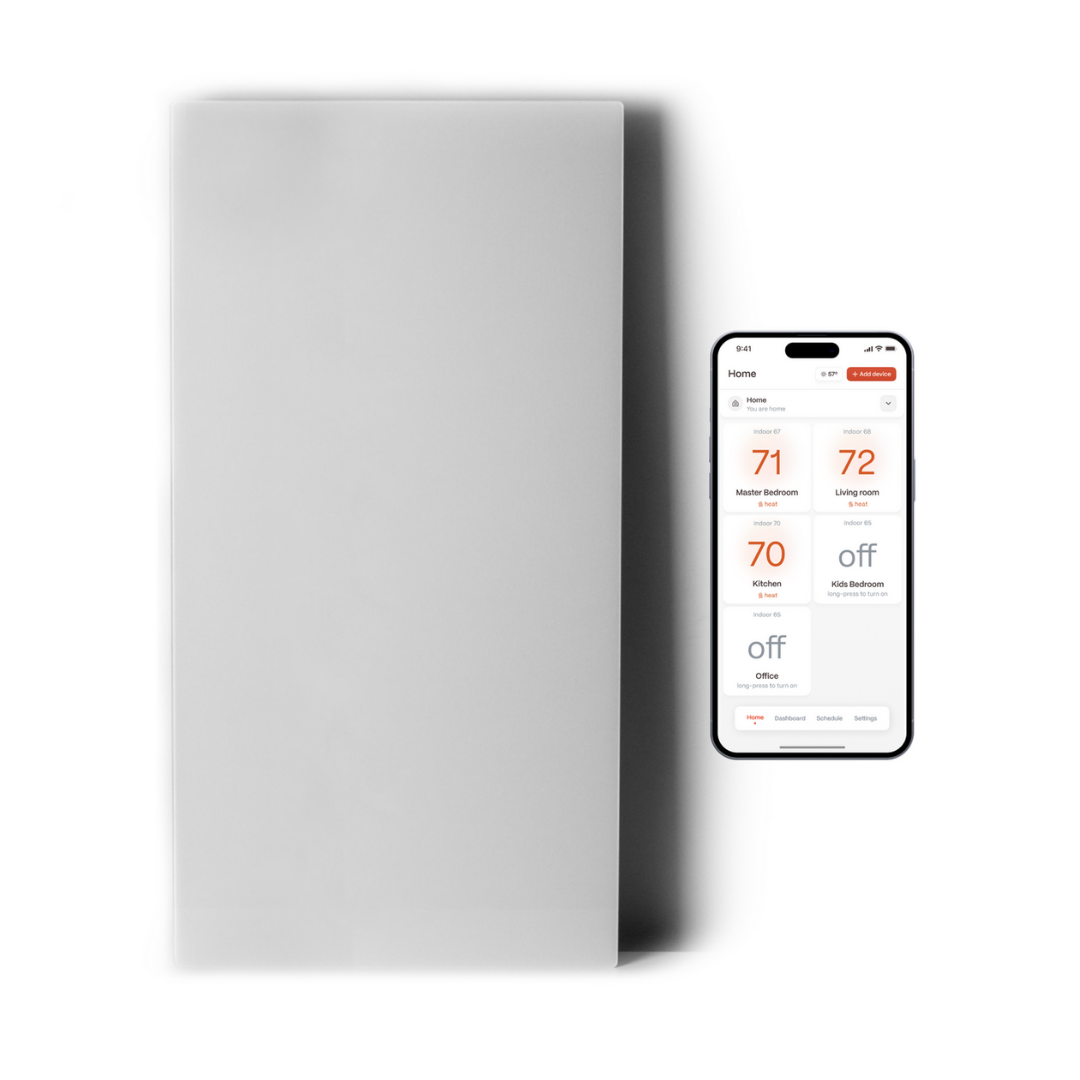 Kelvin smart infrared heater in white next to the Boldr app on a phone