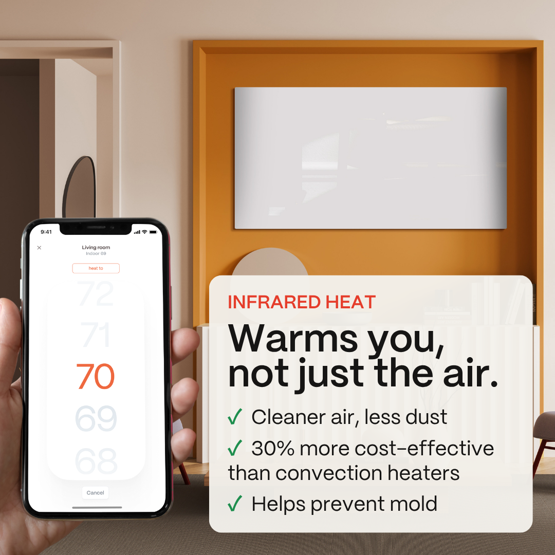 White Kelvin infrared heater on a living room wall, with the Boldr app set to 70°