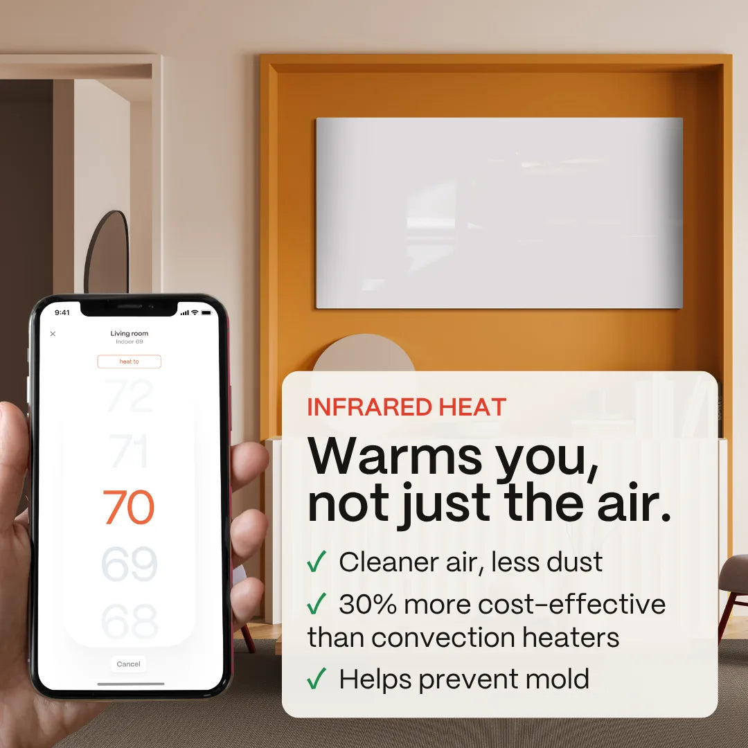 White Kelvin infrared heater on a living room wall, with the Boldr app set to 70°