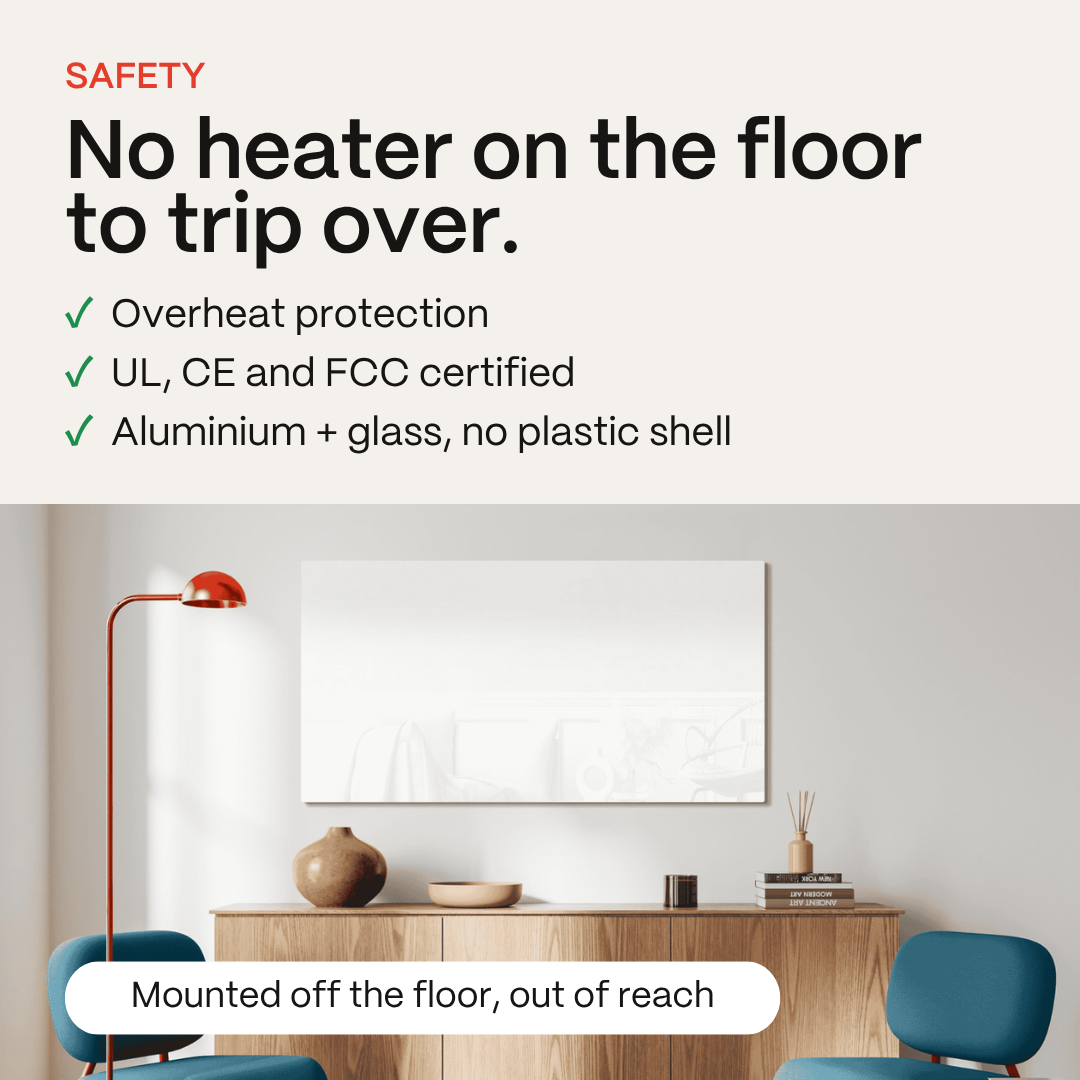 White Kelvin heater mounted off the floor: overheat protection, UL, CE and FCC certified, aluminium and glass with no plastic shell