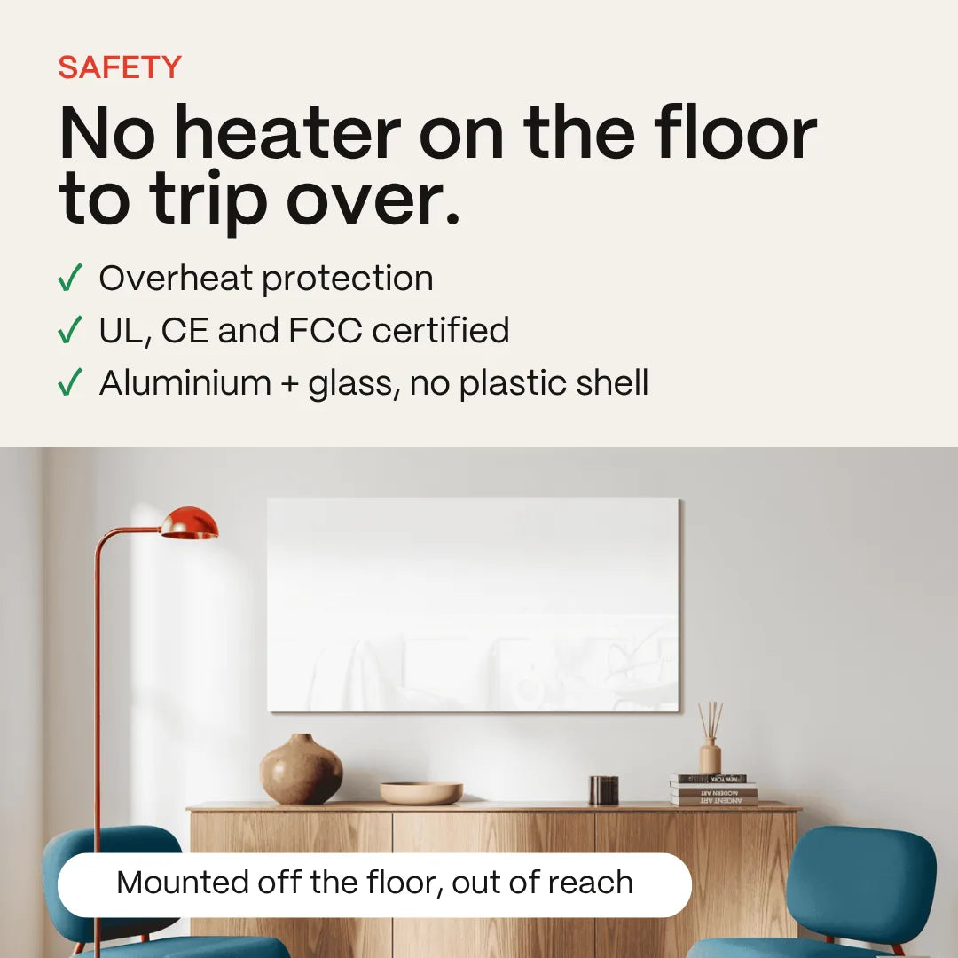 White Kelvin heater mounted off the floor: overheat protection, UL, CE and FCC certified, aluminium and glass with no plastic shell